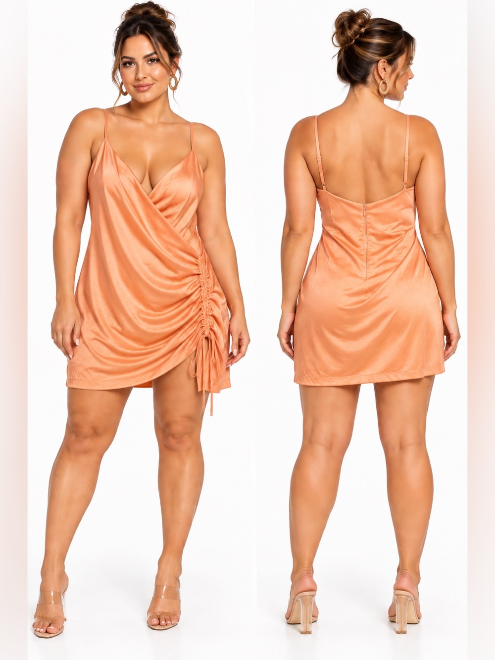 Women’s Peach Ruched Satin Cami mini Dress